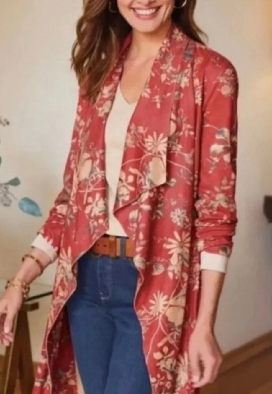 Solitaire Faux Suede Open Front Cardigan Orange Red Floral Size M